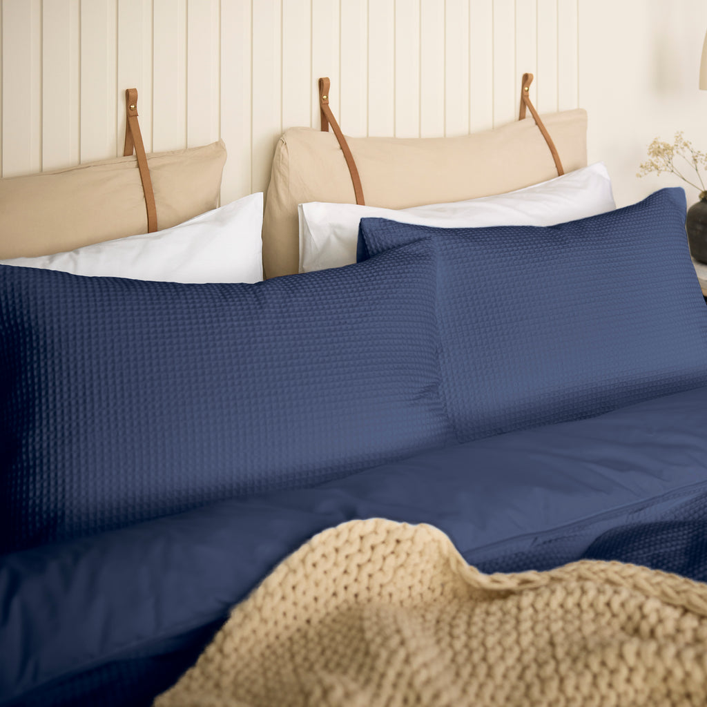 Night Lark/ Night Owl Natural 100% Cotton Waffle Pair of Pillowcases In Navy Lifestyle
