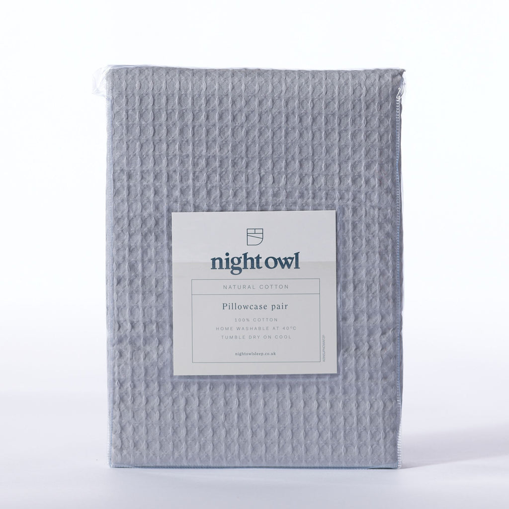 Night Lark/ Night Owl Pure Cotton Waffle Collection Pillowcase Pair in Grey