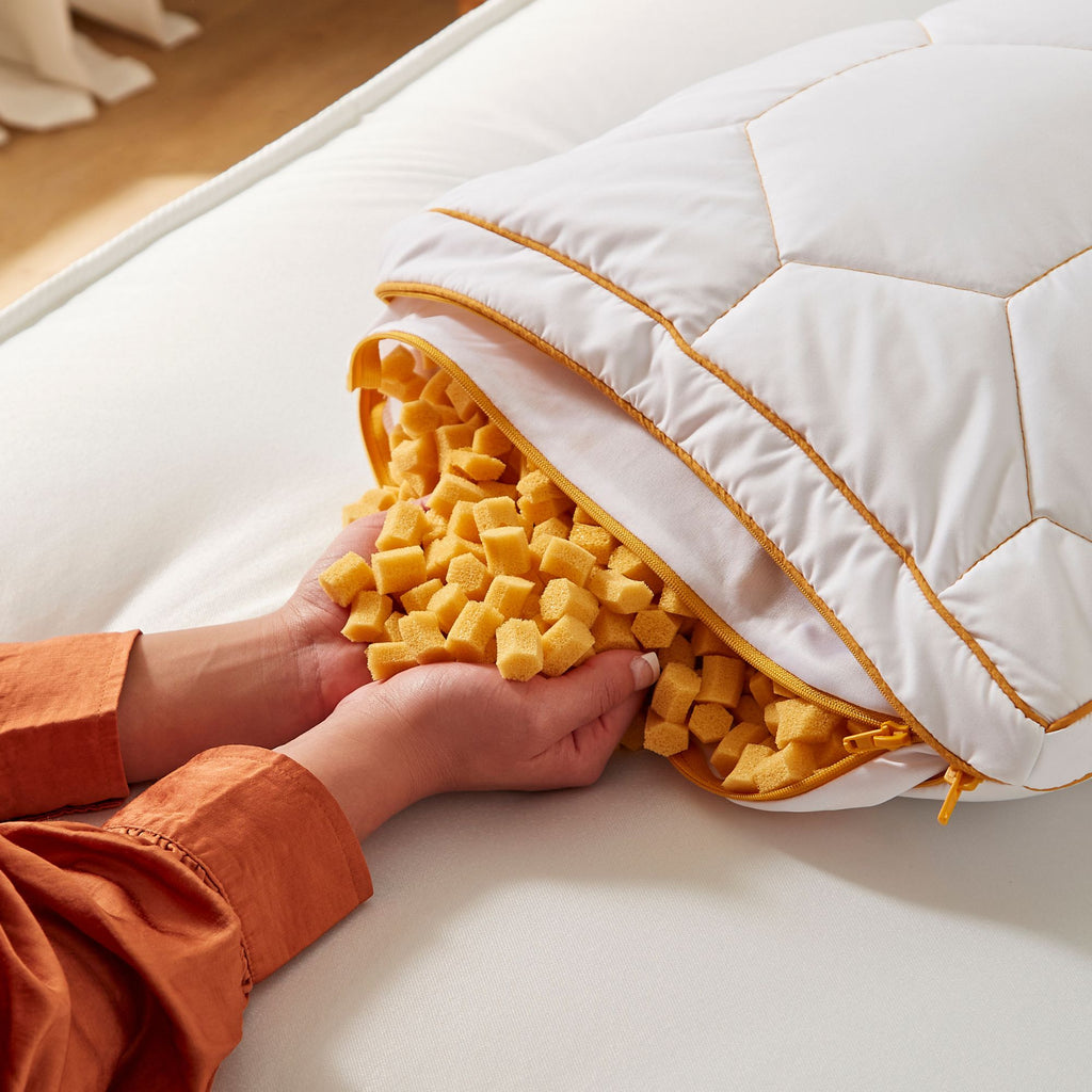 yellow foam cubes of honeyfoam pillow 