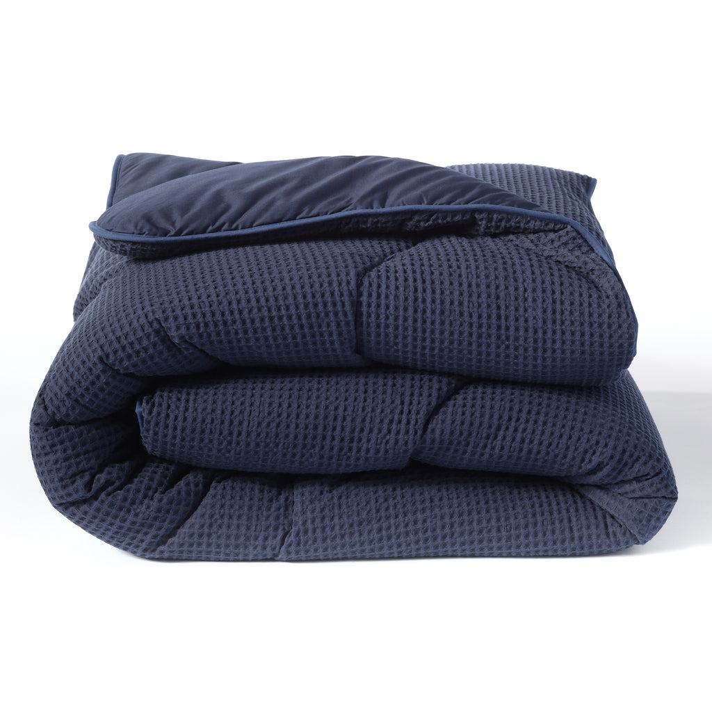 Night Lark/ Night Owl Pure Cotton Waffle Coverless Duvet Folded Navy