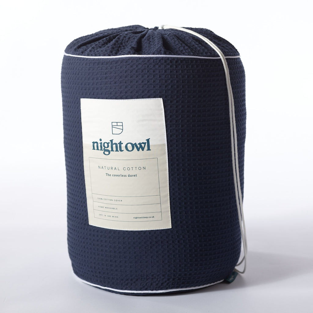 Night Lark/ Night Owl Pure Cotton Waffle Collection Coverless Duvet in Navy