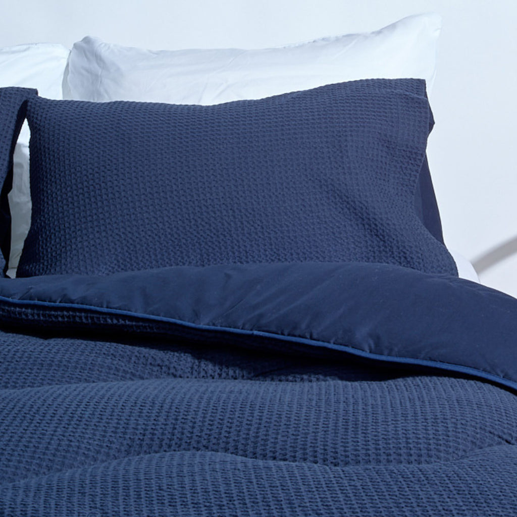 Night Lark / Night Owl Pure Cotton Waffle Collection Pillowcase Pair in Navy