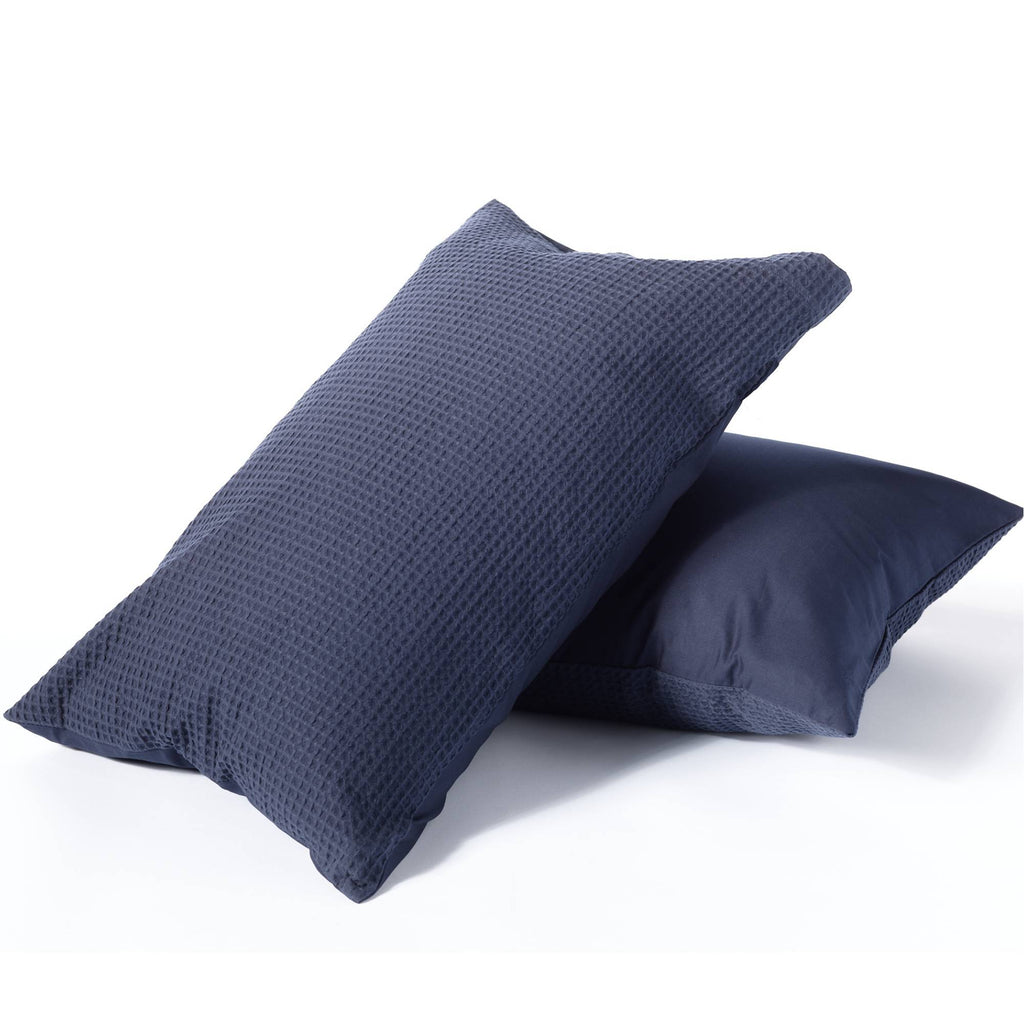 Night Lark/ Night Owl Pure Cotton Waffle Collection Pillowcase Pair in Navy