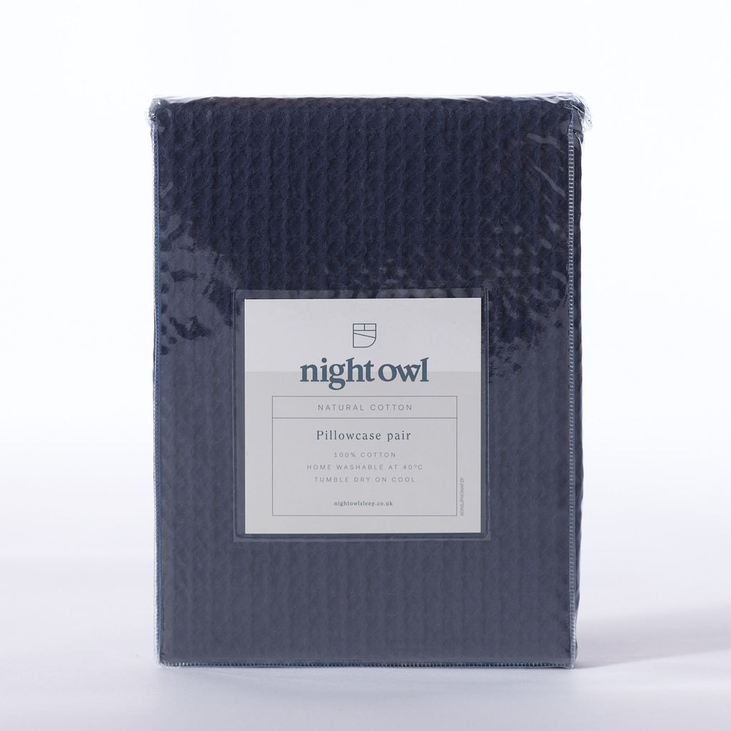 Night Lark / Night Owl Pure Cotton Waffle Collection Pillowcase Pair in Navy